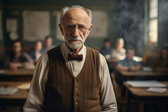 Photo of senior handsome old man standing in class room sunshine day educational settings  background generative AI