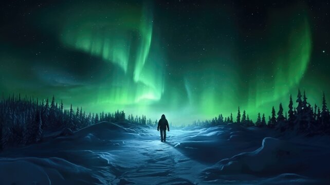 A man and footprint in snow mountain under northern light aurora on winter. Generative AI image weber.