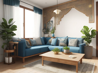 Home mockup, living room in Japandi style, 3d render