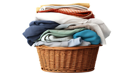 Stack of Clean Clothes and Wicker Basket with Clean Laundry Isolated on White Background