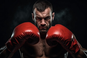 Generative AI photo of strong successful professional boxer fighting boxing pose and angry face in a ring
