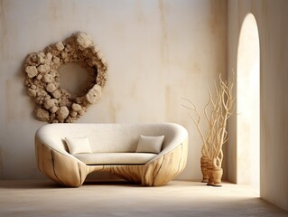 Rustic living room interior of a beige sofa with ready concrete walls, wood mix and light from the window.
