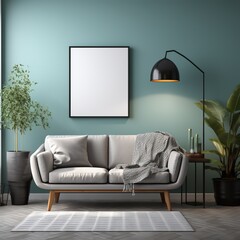 Living room interior of a sofa with empty photo frames and plant pots