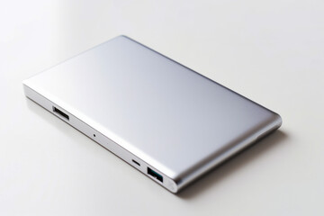 Silver laptop computer sitting on top of white table.