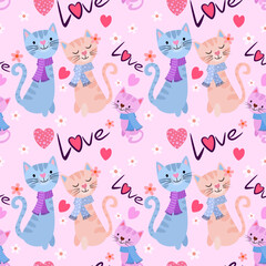 Cute family cat with heart shape and love letter seamless pattern.