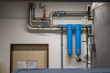Blue industrial sludge filters for cleaning the air in the interior.
 