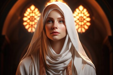 Beautiful sweet religious believer girl, an angel descended to earth prays and asks forgiveness for the souls of sinners from God Jesus Christ - obrazy, fototapety, plakaty