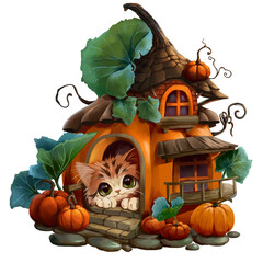 Fluffy red kitten peeks out of a pumpkin house