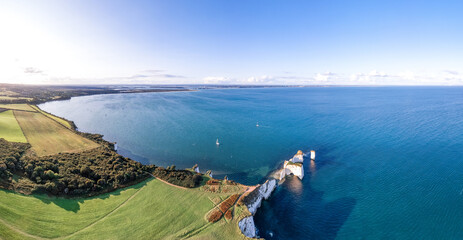 Amazing panorama aerial view of the famous Old Harry Rocks, the most eastern point of the Jurassic Coast, a UNESCO World Heritage Site