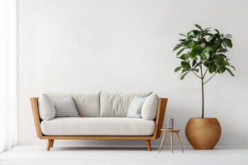 The living room interior of a white minimal sofa against a clean and simple white backdrop. - obrazy, fototapety, plakaty