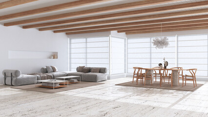 Minimal modern wooden living and dining room with sofa and table in white and beige tones....