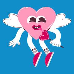 Cute heart character with lollipop and angel wings in retro cartoon style. Trendy, Colorful, Valentine's Day Heart Mascot Vector Illustration.