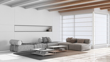 Architect interior designer concept: hand-drawn draft unfinished project that becomes real, minimal modern wooden living room with sofa and table. Japandi style