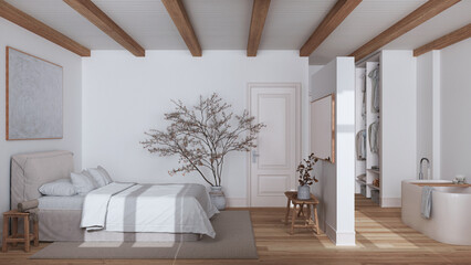 Fototapeta na wymiar Scandinavian nordic wooden bedroom and bathroom in white and beige tones. Double bed and bathtub, walk in closet. Parquet and beams ceiling. Minimal interior design
