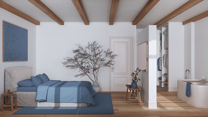 Scandinavian nordic wooden bedroom and bathroom in white and blue tones. Double bed and bathtub, walk in closet. Parquet and beams ceiling. Minimal interior design - obrazy, fototapety, plakaty