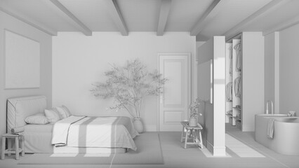 Total white project draft, scandinavian nordic wooden bedroom and bathroom. Double bed and bathtub, walk in closet. Parquet and beams ceiling. Minimal interior design