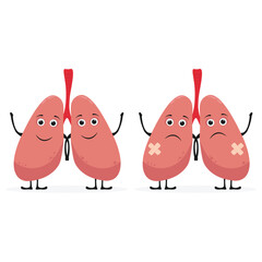 Cute funny human unhealthy sick lungs disease organ character. Vector flat line cartoon kawaii character illustration icon. Isolated on white background. Lungs organ character concept