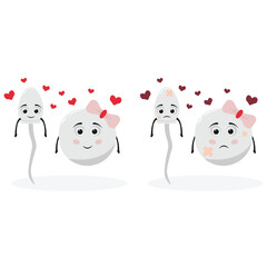 Fototapeta premium Cute unhappy character unhealthy sick Ovum or egg cell cartoon mascot and disease sperm character with hearts