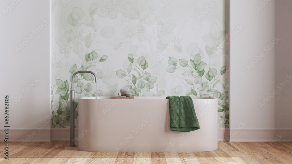 Wall mural Minimalist nordic wooden bathroom close up in white and green tones. Freestanding bathtub, wallpaper and decors. Scandinavian interior design