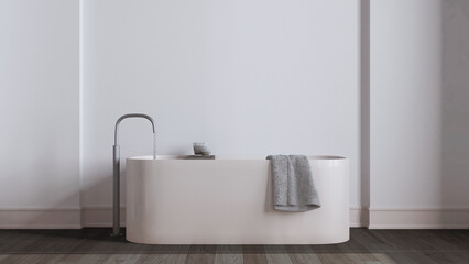 Minimalist nordic dark wooden bathroom close up in white and beige tones. Freestanding bathtub, wallpaper and decors. Scandinavian interior design