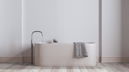 Minimalist nordic bleached wooden bathroom close up in white and beige tones. Freestanding bathtub, wallpaper and decors. Scandinavian interior design