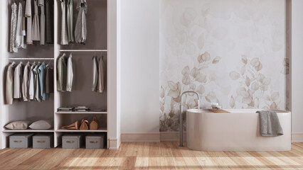 Minimalist nordic wooden bathroom with walk-in closet in white and beige tones. Freestanding bathtub, wallpaper and decors. Scandinavian interior design - obrazy, fototapety, plakaty