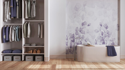Minimalist nordic wooden bathroom with walk-in closet in white and purple tones. Freestanding bathtub, wallpaper and decors. Scandinavian interior design - obrazy, fototapety, plakaty