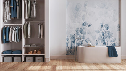 Minimalist nordic wooden bathroom with walk-in closet in white and blue tones. Freestanding bathtub, wallpaper and decors. Scandinavian interior design