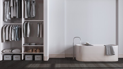 Minimalist nordic dark wooden bathroom with walk-in closet in white and beige tones. Freestanding bathtub, wallpaper and decors. Scandinavian interior design