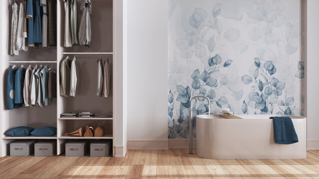 Fototapeta Minimalist nordic wooden bathroom with walk-in closet in white and blue tones. Freestanding bathtub, wallpaper and decors. Scandinavian interior design