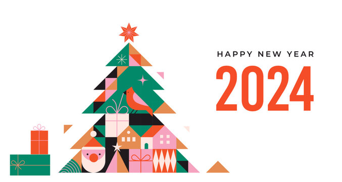 Happy New Year 2024. Christmas tree in modern minimalist geometric style. Colorful illustration in flat cartoon style. Xmas tree with geometrical patterns, stars and abstract elements