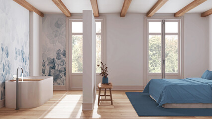 Minimalist nordic wooden spa suite in white and blue tones. Bedroom and bathroom with bathtub....