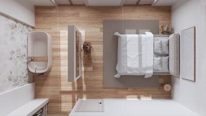 Scandinavian nordic wooden bedroom and bathroom in white and beige tones. Double bed and bathtub, walk in closet. Top view, plan, above. Minimal interior design - obrazy, fototapety, plakaty