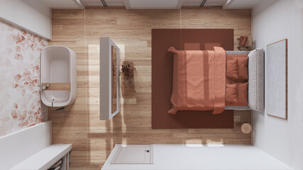 Scandinavian nordic wooden bedroom and bathroom in white and orange tones. Double bed and bathtub, walk in closet. Top view, plan, above. Minimal interior design - obrazy, fototapety, plakaty