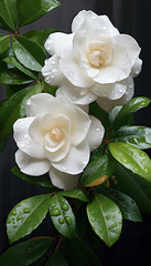 Gardenia flowers after the rain. The vertically oriented image fills the entire frame.