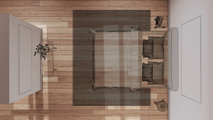 Empty white interior with parquet floor, custom architecture design project, black ink sketch, blueprint showing minimal bedroom, japandi interior design, top view