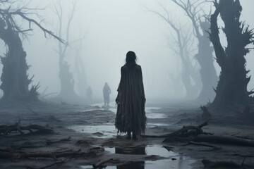 person stands in the fog in the scary forest
