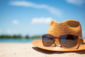 The close up detail of a beach straw hat and fashion sunglasses place on an outdoor table near a beach, sea, and bright blue sky in summer, Generative AI.