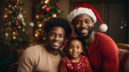Beautiful family taking selfie at home waiting for Christmas night, space for text - obrazy, fototapety, plakaty