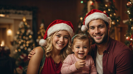 Fototapeta na wymiar Beautiful family taking selfie at home waiting for Christmas night