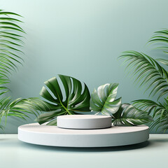 podium in forest for product presentation and green background.3d rendering	
