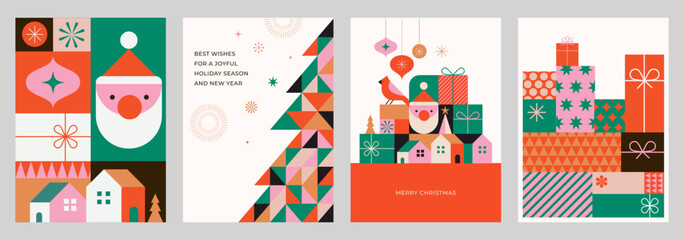 Christmas cards in modern minimalist geometric style. Colorful illustration in flat cartoon style. Xmas backgrounds with geometrical patterns, stars and abstract elements - obrazy, fototapety, plakaty