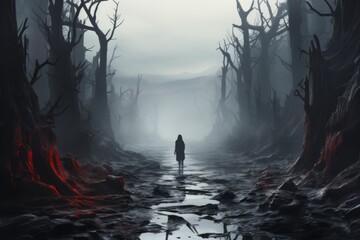 person stands in the fog in the ominous forest 