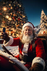 Fototapeta na wymiar Happy Santa Claus laughing taking a selfie in his sleigh while handing out gifts on Christmas Day, fun