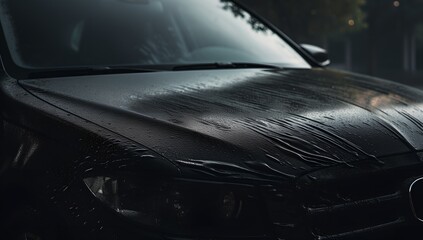 Obraz premium Black car covered in water droplets, generative AI