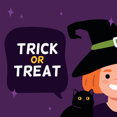 Happy Halloween card. Cute little witch with a cat. Flat vector illustration.