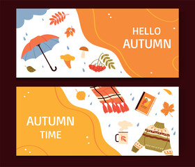 Two autumn horizontal banners. Fall season flyers,presentations,poster,invitation. Flat Vector illustration.