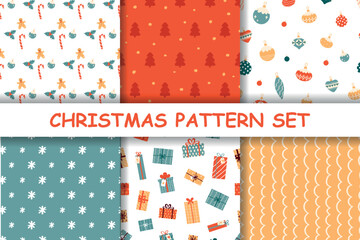 Merry Christmas Happy New Year pattern set. Set of Christmas textile texture background. Flat Vector illustration for winter decoration.