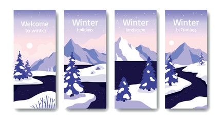 Set of winter banners. Snowy winter landscape. Flat vector illustration