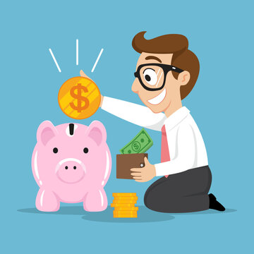 Smiling businessman saving money putting a coin inside piggy bank, illustration, vector, cartoon, EPS 10. 